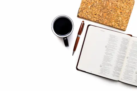Study Bible with Coffee and pen